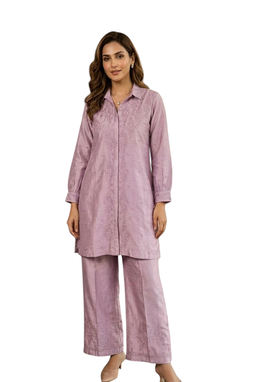Women’s Lucknowi Chikankari Mal Chanderi Kurta Pant Cord Set